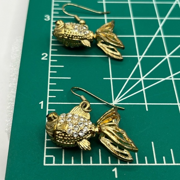 Gold Tone Crystal Fish Earrings with Whimsical Design 3 D Hook Earrings - Picture 10 of 10